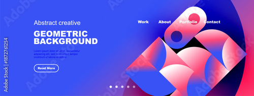 Modern website header design. Vibrant blue, pink gradients create abstract shapes. Navigation includes work, about, portfolio, contact options.