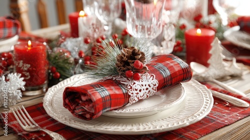 Festive holiday table setting features red plaid linen and glowing candles for a seasonal celebration