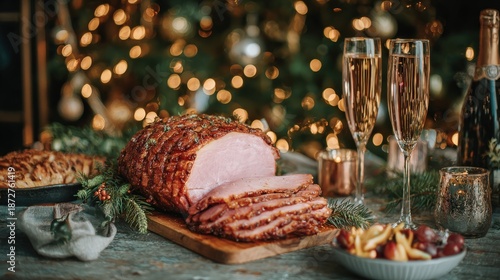 Sliced holiday ham centerpiece served with sparkling beverages and festive decorations