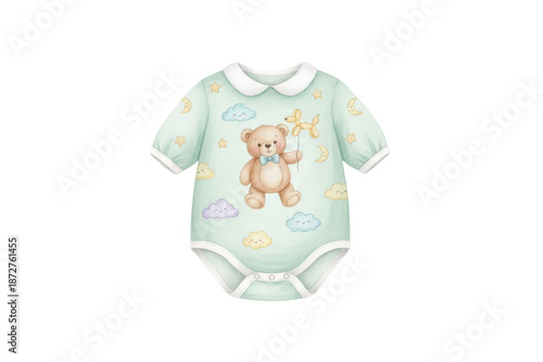 Adorable baby bodysuit adorned with a charming teddy bear illustration for infant wear.