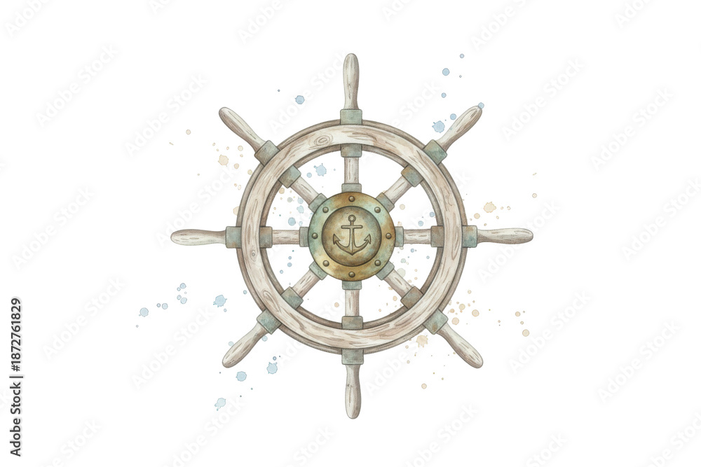 Obraz premium Aesthetic Nautical Steering Wheel with Anchor Emblem and Watercolor Splatters