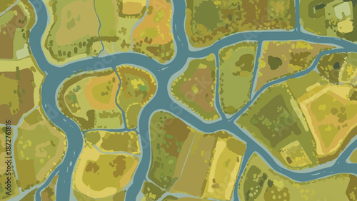 Aerial View of a Winding River System: An eye-level illustration showcases a river system carving its path through a mosaic of fields, providing a glimpse of the natural world's artistry from above.