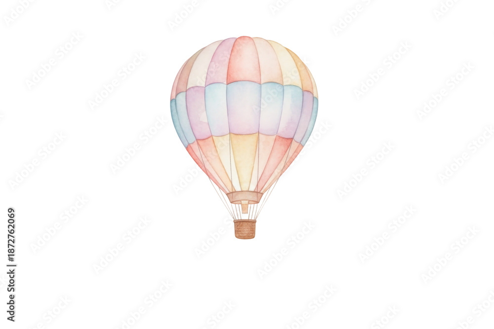 Obraz premium Aesthetic watercolor illustration of a colorful hot air balloon soaring in the sky with a black