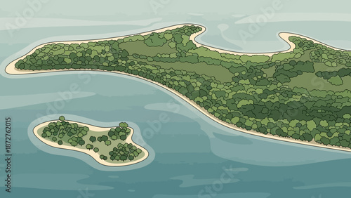 Island Oasis: An aerial perspective of tranquil islands, showcasing a symphony of nature's elements where serene waters gently embrace verdant lands, providing an idyllic scenery.