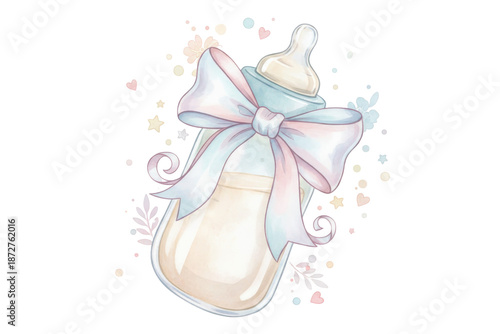Aesthetic watercolor illustration of a baby bottle with a decorative bow and soft accents