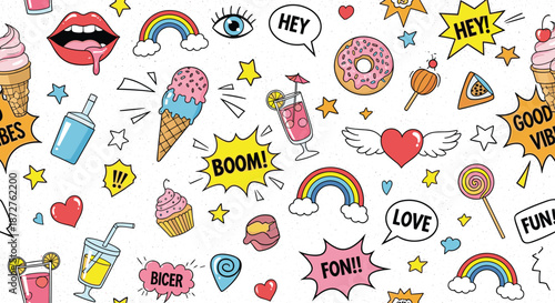 Retro pop art seamless pattern with colorful icons like ice cream, donuts, rainbows, hearts, and comic book speech bubbles on white.