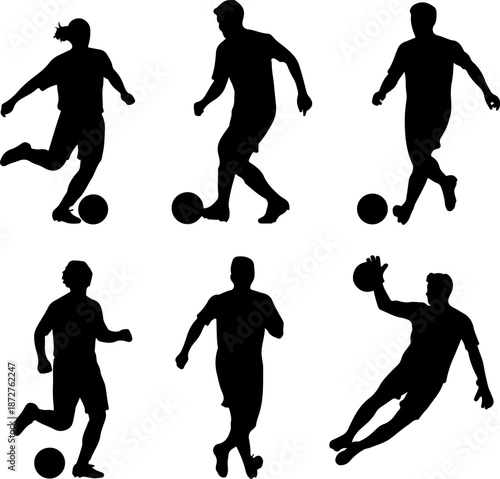 Silhouette of athletes playing soccer in various dynamic poses on a white background