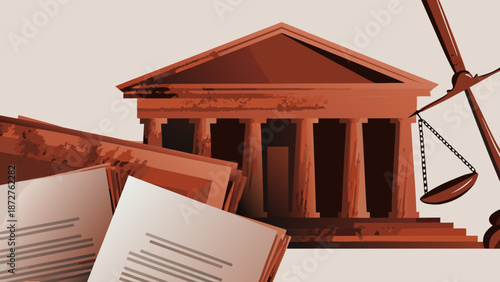 Flat vector illustration of a courthouse building with legal documents and scales of justice in a monochromatic brown color scheme with law and flat design
