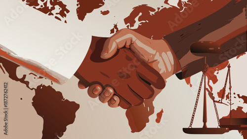 Flat vector illustration of handshake agreement between two people over a world map with a scale in the background representing global business partnership and legal
