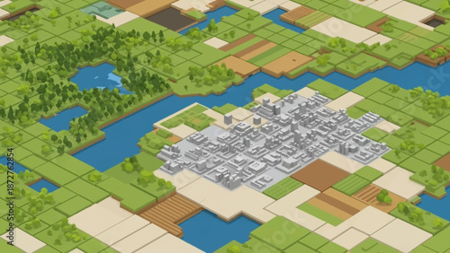 Isometric City View: A modern city unfolds in a detailed isometric view, showcasing urban planning, green spaces, and a river winding through the landscape.