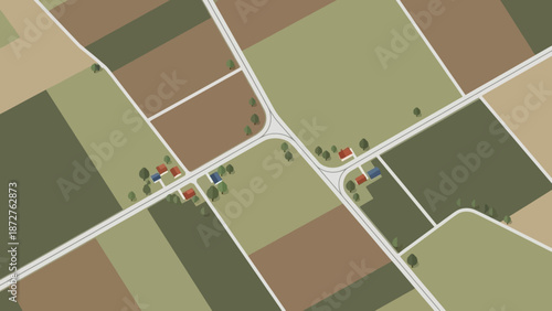 Rural Crossroads: An aerial illustration captures a picturesque intersection where roads converge, surrounded by neatly segmented fields.