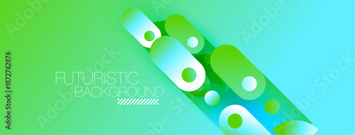 Abstract design features rounded rectangles, circles. Gradient colors blend green, blue hues. Modern, vibrant composition.
