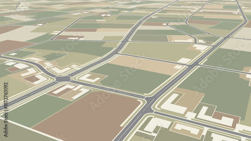 Urban Network Aerial View: A captivating bird's-eye perspective showcases an intricately designed urban infrastructure, illustrating the harmonious integration of roads, buildings, and green spaces.