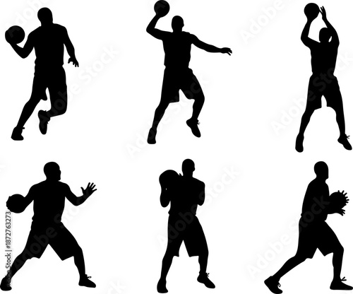 Dynamic Silhouette of Athletes in Various Basketball Poses on White Background