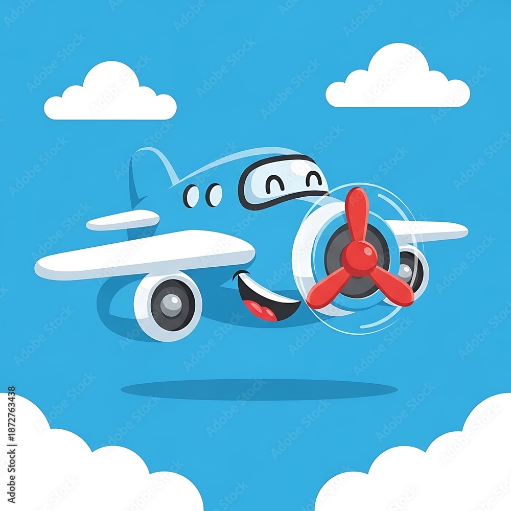 Naklejka premium Smiling cartoon airplane flying in sky.