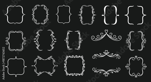 Diverse collection of decorative white hand drawn frames, brackets, and calligraphic borders displayed on a dark chalkboard style background.
