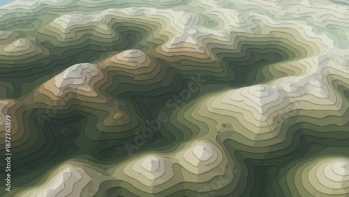 Contour Map: A detailed contour map revealing the topography of an expansive mountainous region, demonstrating the subtle intricacies of the land's elevation and form.