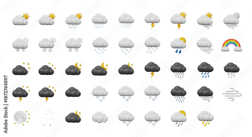 Obraz premium Comprehensive 3D Weather Icons Set for UI UX Design Mobile Apps Websites and Climate Forecast Presentations