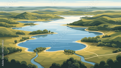 Scenic Lake Landscape: A breathtaking, panoramic view unfolds, revealing a serene lake surrounded by rolling hills and vibrant greenery, a testament to the Earth's natural beauty and tranquility.