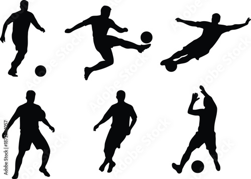 Silhouette of athletes in action playing soccer on a white background from various viewpoints