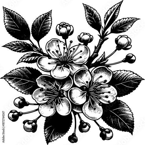Floral Elegance: A delicate arrangement of cherry blossoms, intricately detailed in black and white, exudes timeless beauty and grace. This image captures the essence of spring.