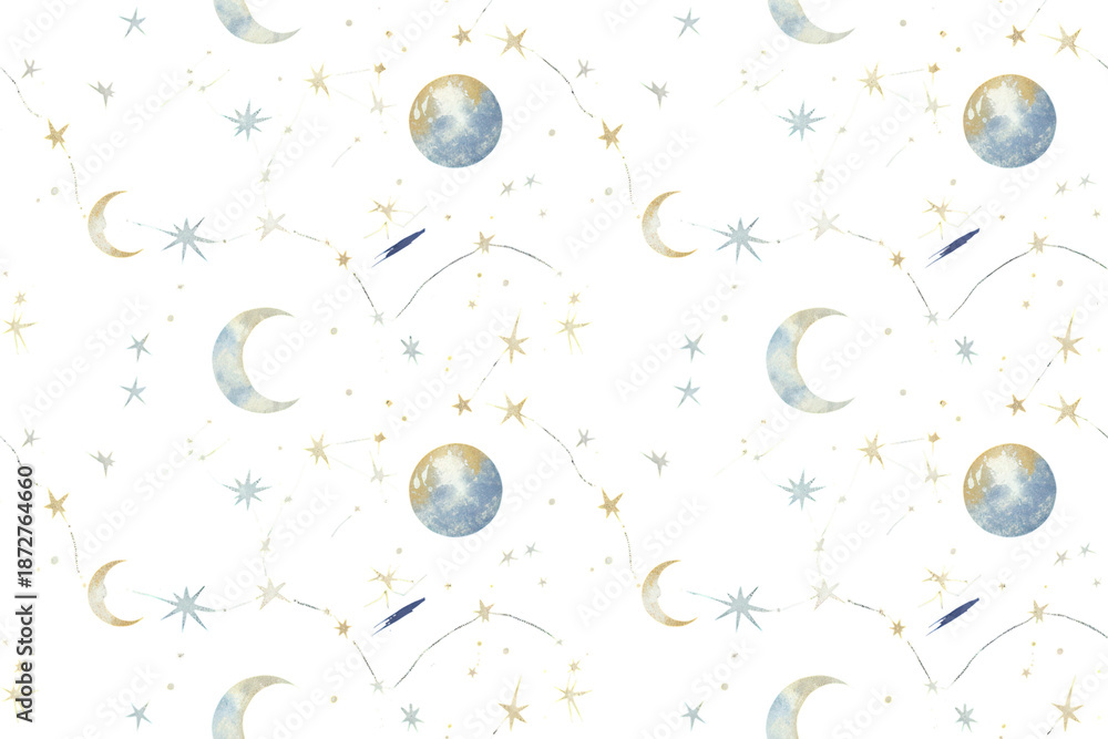 Fototapeta premium Celestial arrangement with moon phases, stars, and constellations in a repeating pattern