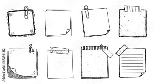 Collection of eight hand drawn sticky notes and memo pads features various paper styles with paper clips, tape, and pins for office themes.