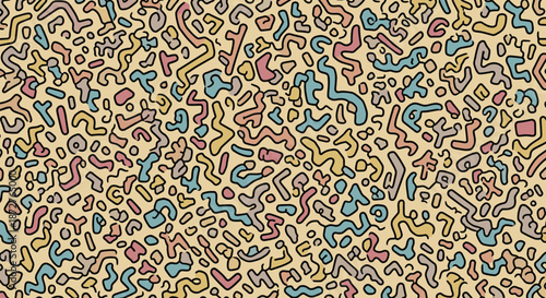 Intricate seamless pattern features a dense maze of colorful organic squiggles and shapes in blue, pink, and yellow over a beige background.