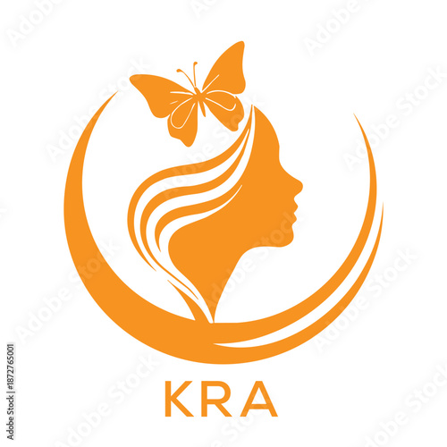 KRA Abstract Beauty Logo. KRA Female Face and Butterfly. KRA Symbol in Orange Color.
