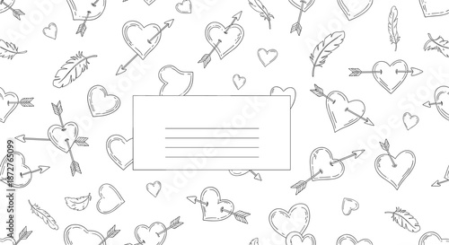 Hand drawn valentine background features a border of hearts with arrows and feathers around a central area with lines for a personal note.