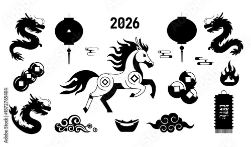 Fire horse lunar new year 2026 modern vector illustration set