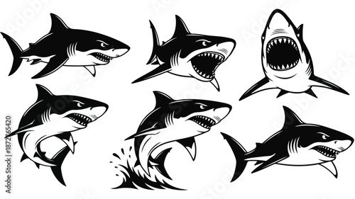 A set of seven black and white shark illustrations in various swimming and attacking positions on a plain white background.
