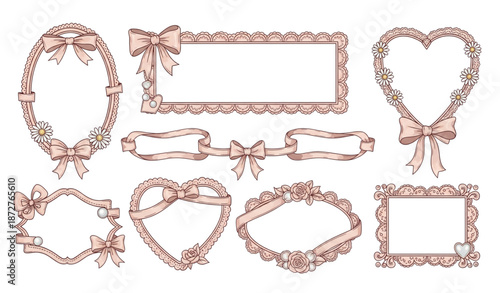Hand drawn coquette style frames romantic vintage vector set