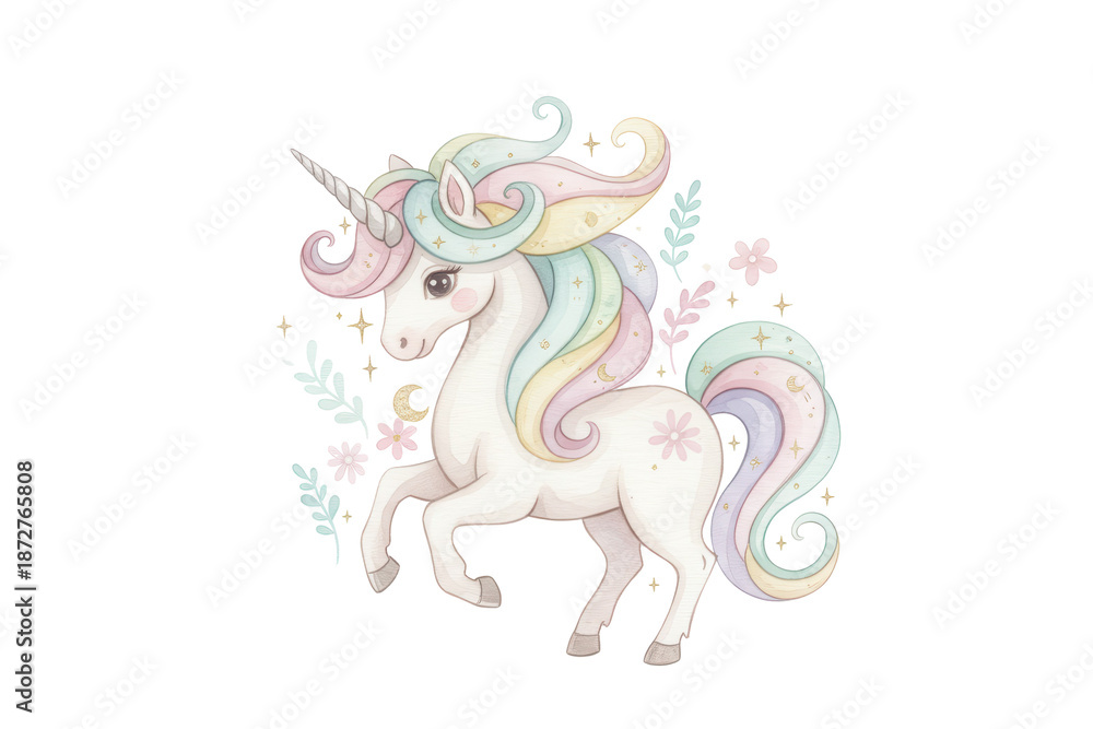 Fototapeta premium Charming unicorn illustration with vibrant pastel colors and celestial accents in a whimsical style