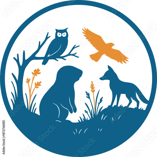 
illustration of a prairie dog, burrowing owl or ferruginous hawk, and possibly a fox.yellow and blue