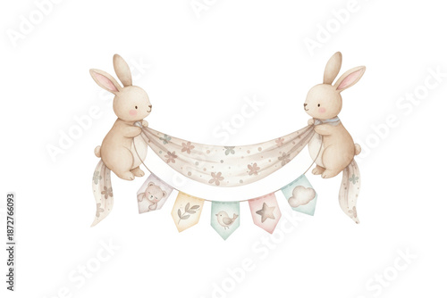 Charming watercolor illustration of two bunnies holding a banner with cute decorative elements