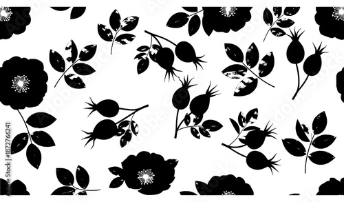 Seamless rosehip floral pattern with flowers berries and leaves