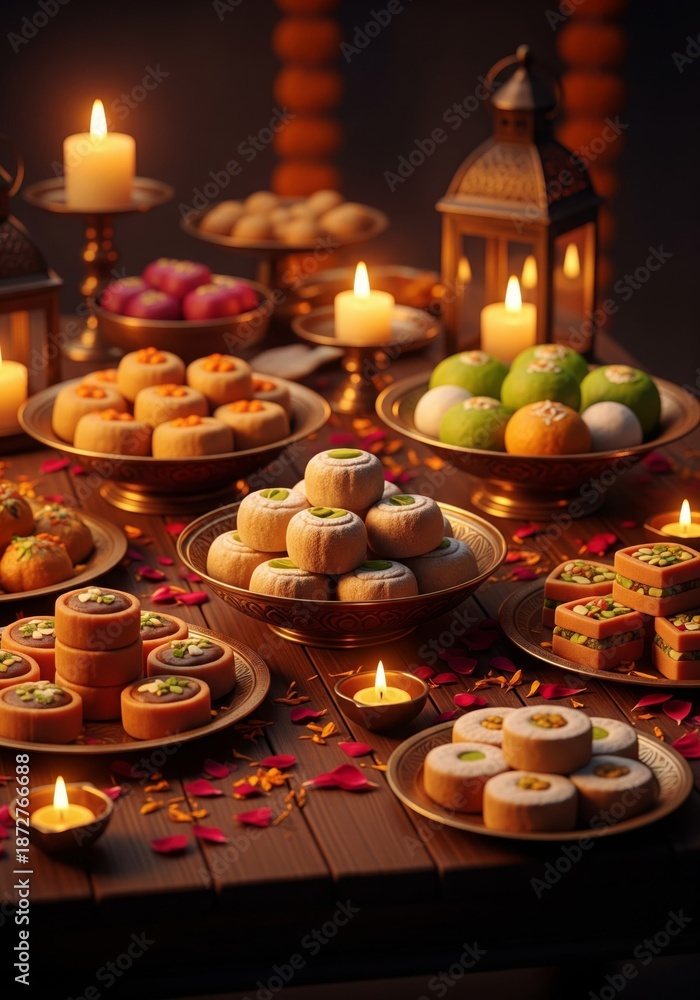 Fototapeta premium Diwali Sweets Arranged on Table with Candle Light Ambiance