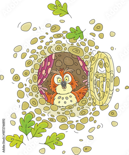 Cartoony wise owl with surprised large round eyes peeking out of its cozy hollow with curtains and open wooden window in an old oak tree in a thicket of a fairytale forest, vector cartoon illustration