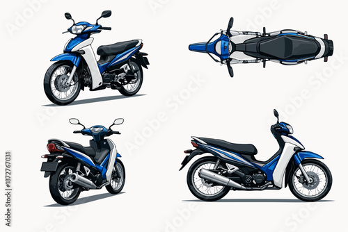 Urban scooter motorcycle illustrated from multiple angles perfect for city transport concepts mobility apps and vehicle design presentations