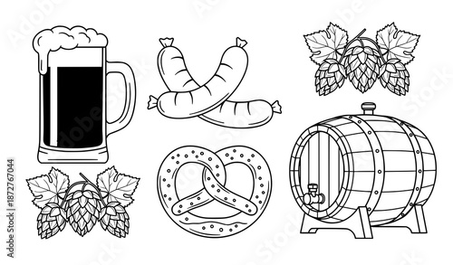 Oktoberfest outline elements set beer sausage pretzel barrel hop vector