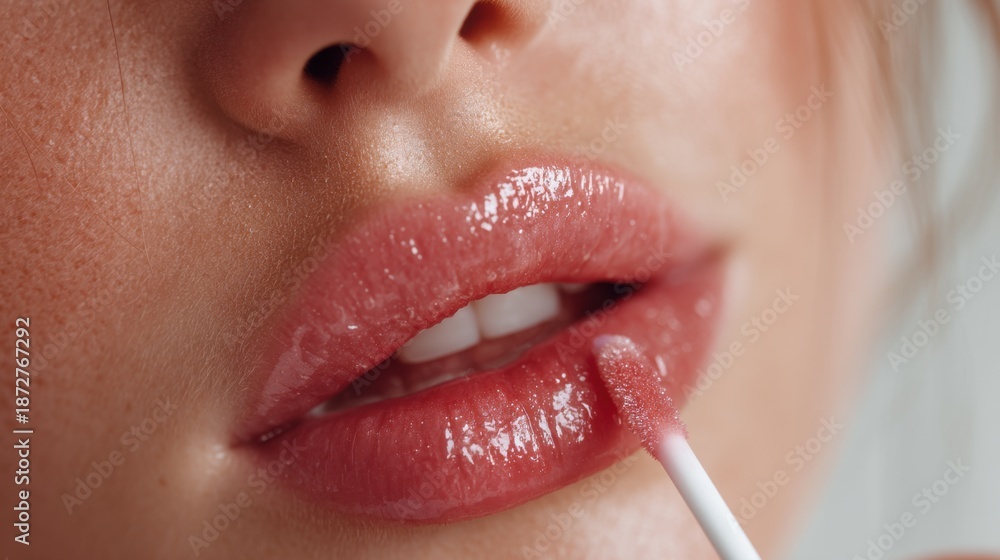Naklejka premium Close-Up of Woman Applying Glowing Lip Gloss for a Radiant and Fresh Makeup Look