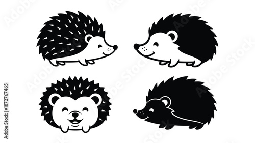 Four black and white hedgehog illustrations in different poses on a plain white background.