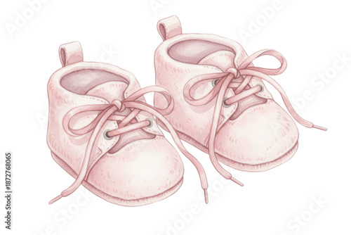 Delicate watercolor illustration of pink baby booties tied with ribbons for a newborn girl