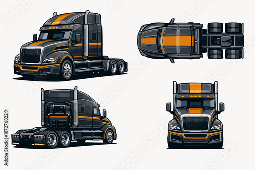 Heavy duty semi truck tractor illustrated from several angles perfect for logistics transport industry branding and commercial vehicle graphics