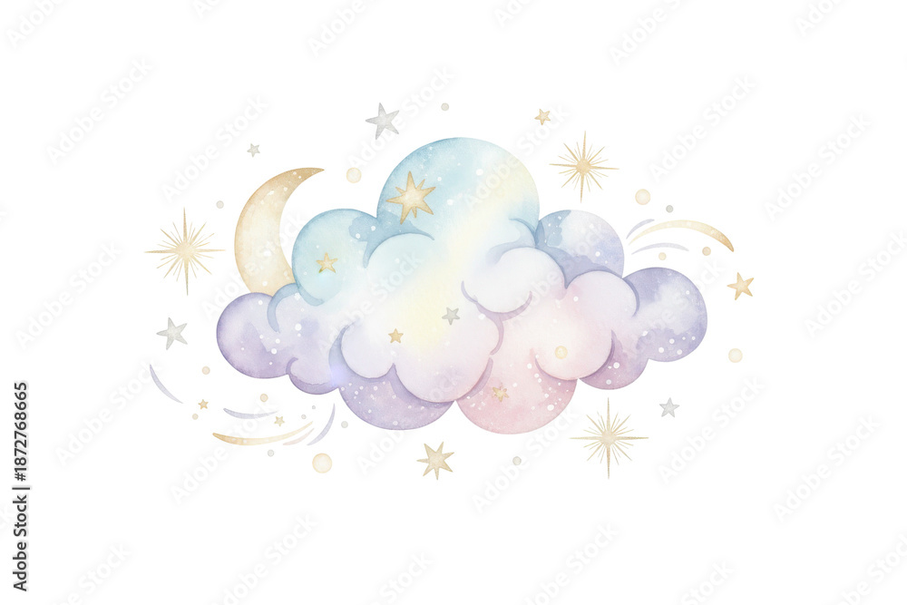 Fototapeta premium Dreamy celestial watercolor illustration featuring crescent moon, cloud, and twinkling stars design