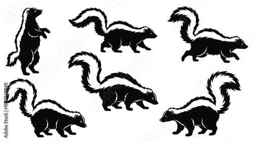 Seven black and white skunk silhouettes in various poses on a plain white background.