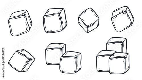  Set  ice cubes illustration in doodle sketch style. Hand-drawn ink icons of square pieces of frozen water. Ice for cooling drinks, clip art. Vector graphics