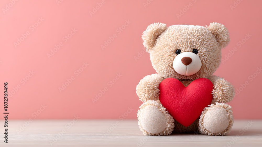 Obraz premium Adorable cartoon teddy bear hugging a red heart on a pastel background, sweet and friendly illustration perfect for kids' birthday cards, classroom decor, and cheerful designs