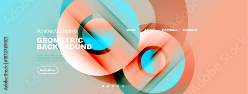 Abstract geometric background. Soft colors blend, creating modern website header design. Text elements present information.